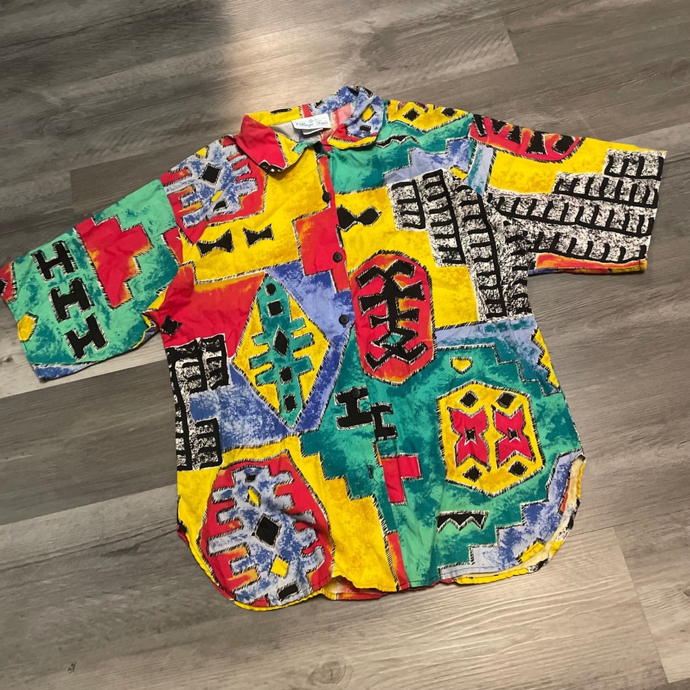 Village Fair Vintage 90s Abstract Geometric Print Cotton Shirt Mens Medium USA